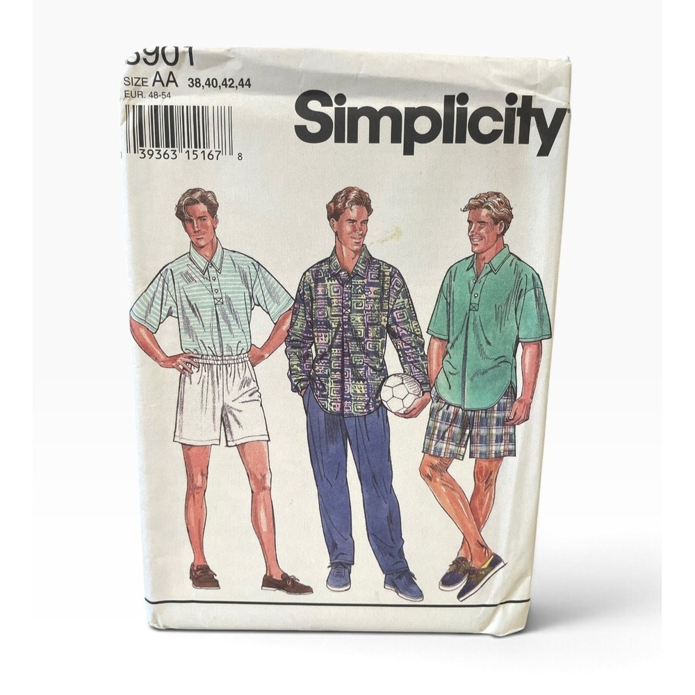 Simplicity 8901 Men's Shirt Pull-On Pants Shorts AA 38 40 42 44 90s Uncut FF